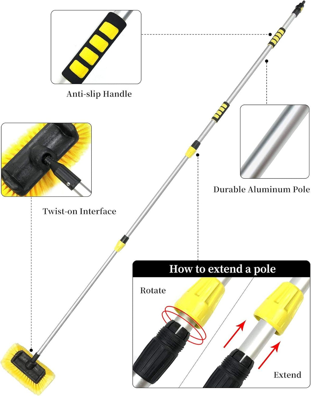 Soft Bristle Car Wash Brush with Long Handle Telescopic Extension Flow Through Brush with On/Off Switch Hose Attachment Pack of 2 R685