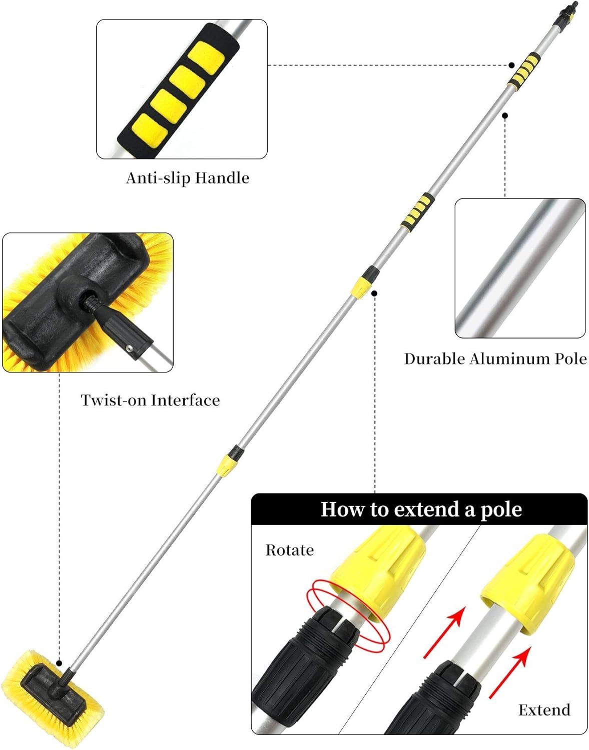 Soft Bristle Car Wash Brush with Long Handle Telescopic Extension Flow Through Brush with On/Off Switch Hose Attachment Pack of 2 R685