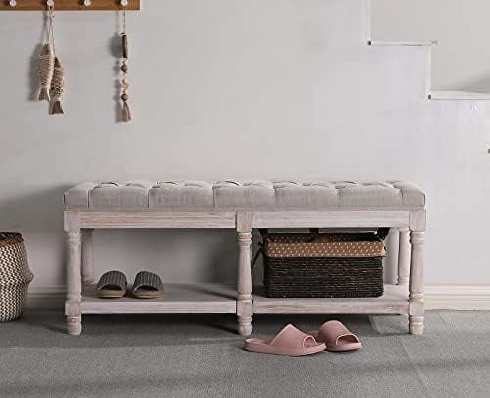 Beige Tufted Wood Entryway Bench W5675