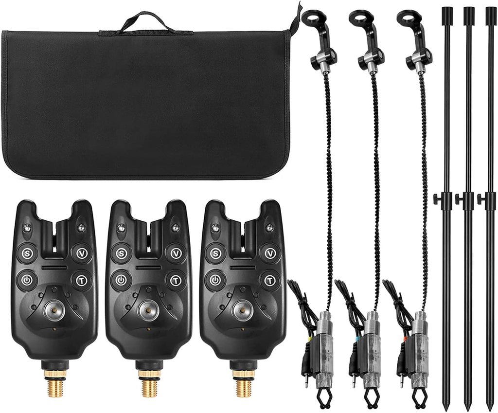 3 Wireless Fishing LED Bite Alarm Set with Aluminum Alloy Bankstick and Padded Tool Bag N2535