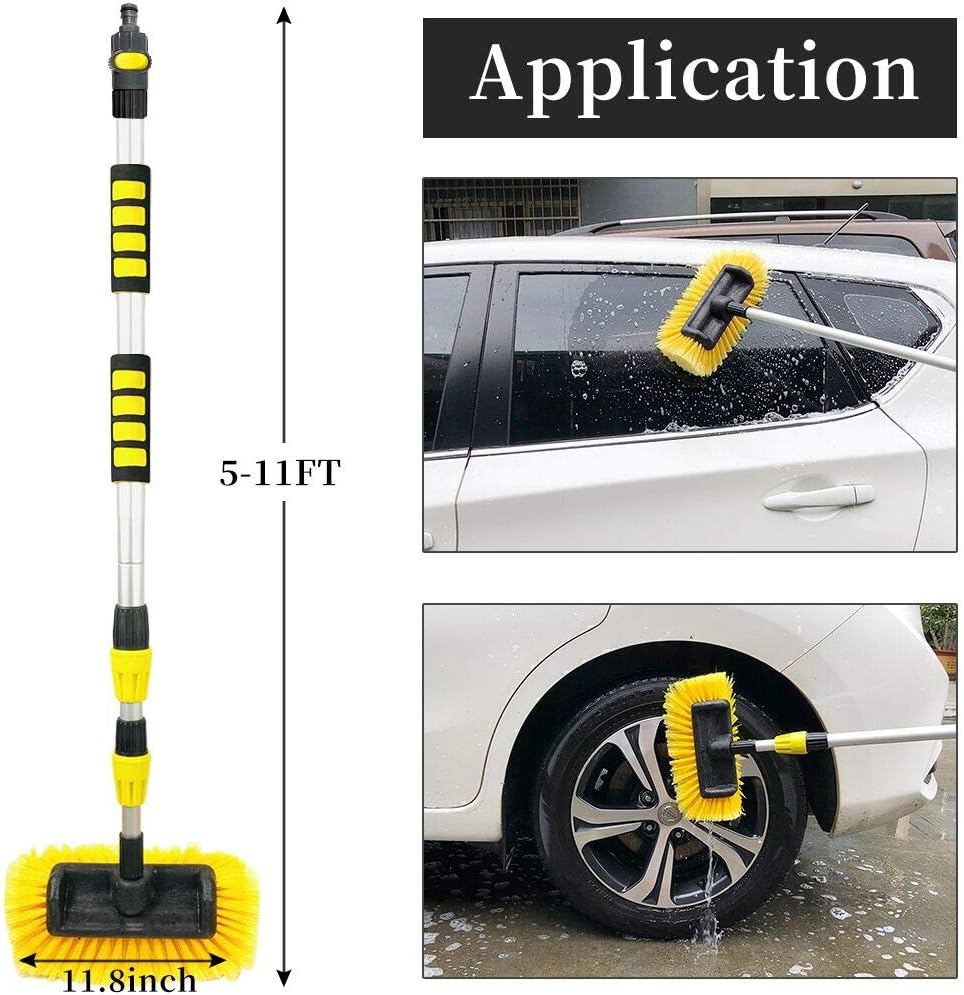 Soft Bristle Car Wash Brush with Long Handle Telescopic Extension Flow Through Brush with On/Off Switch Hose Attachment Pack of 2 R685