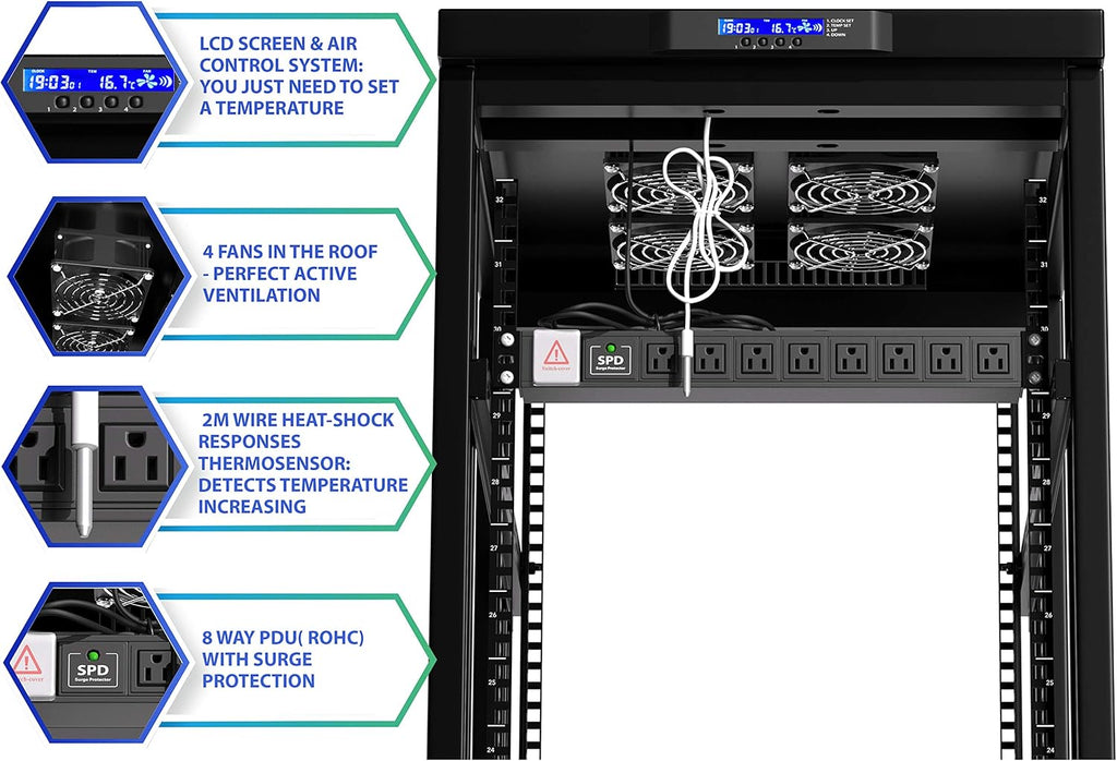 Locking Server Rack Cabinet Enclosure on Casters with Rack Shelf and Cooling Fan Thermostat C2675