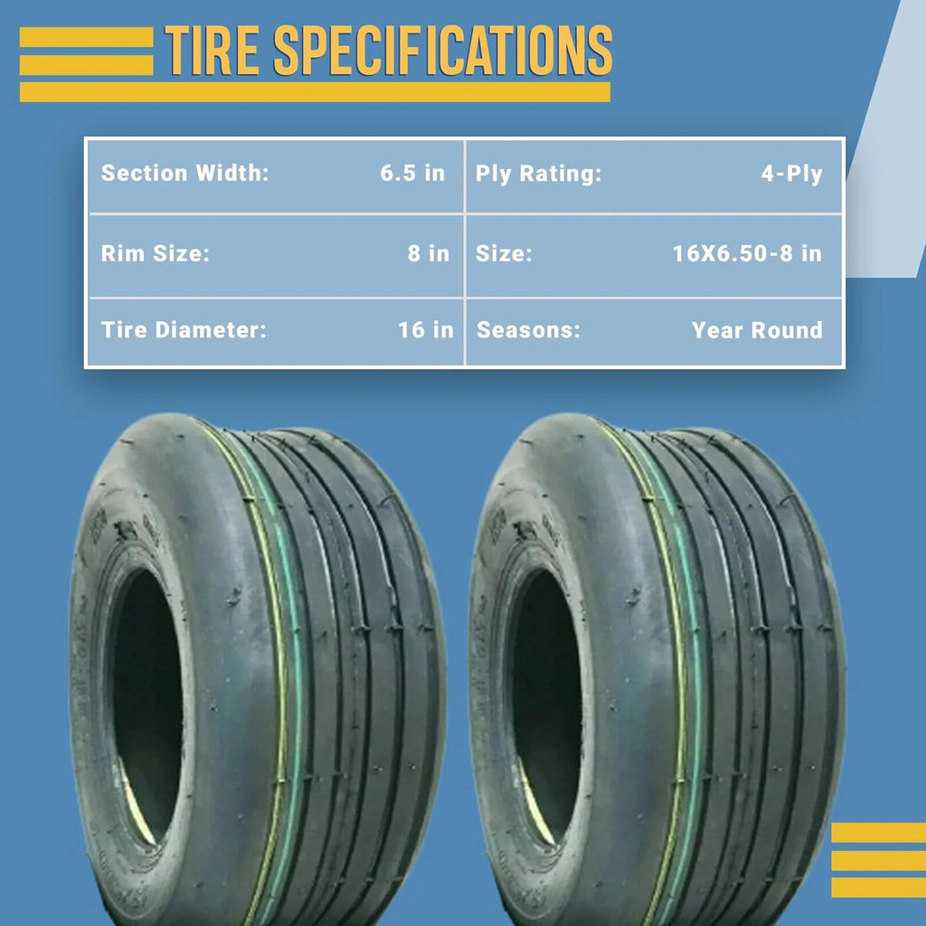 Two 16x6.50-8 4 Ply Lawn Tractor Mower Tires with Tubes S806