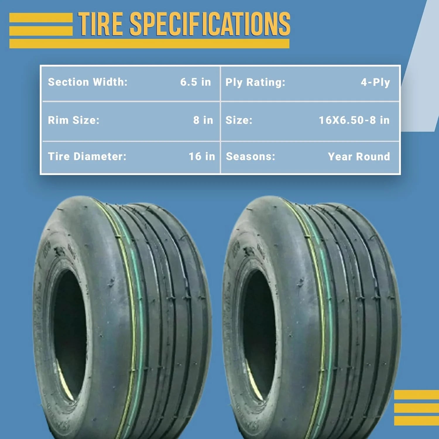 Two 16x6.50-8 4 Ply Lawn Tractor Mower Tires with Tubes S806