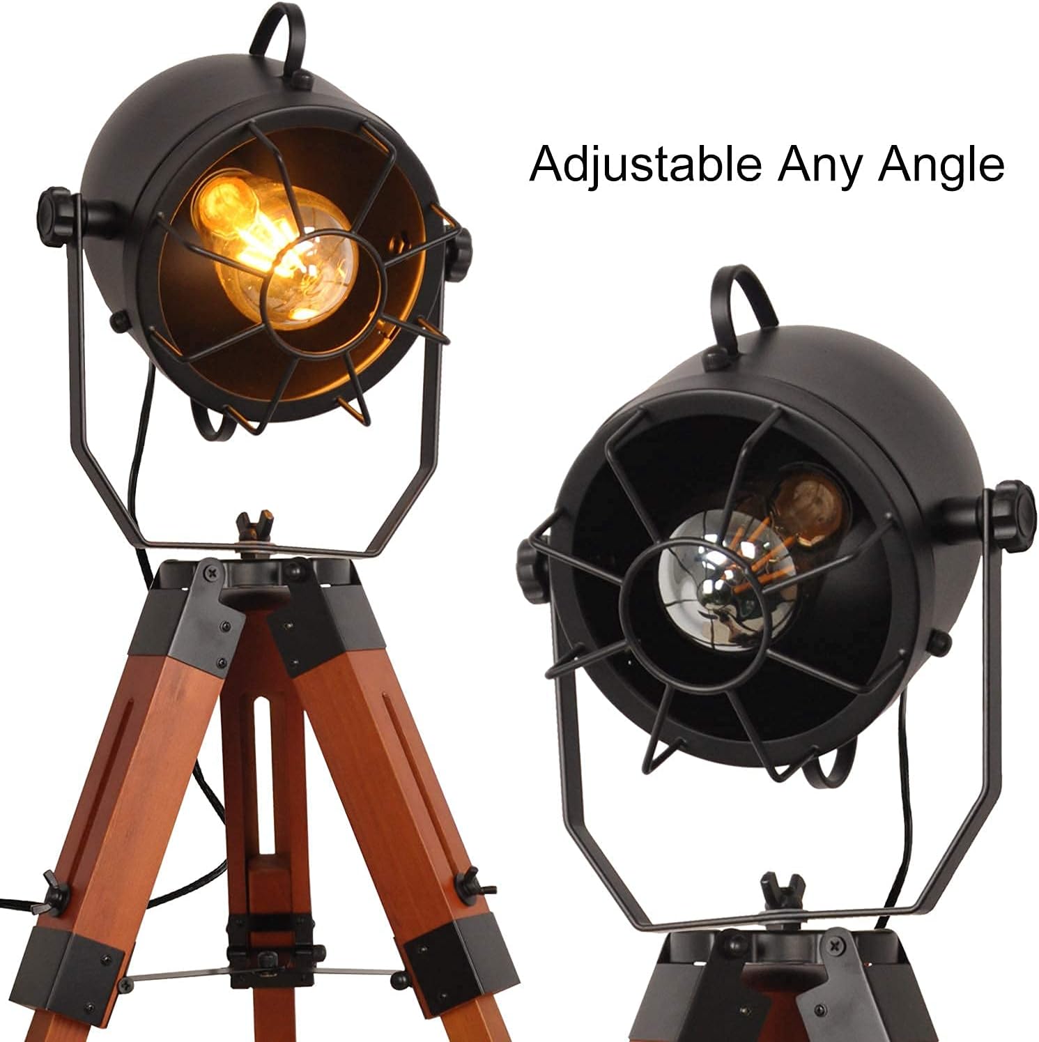 Vintage Adjustable Wood Tripod Floor Lamp with Black Cage Lampshade I835