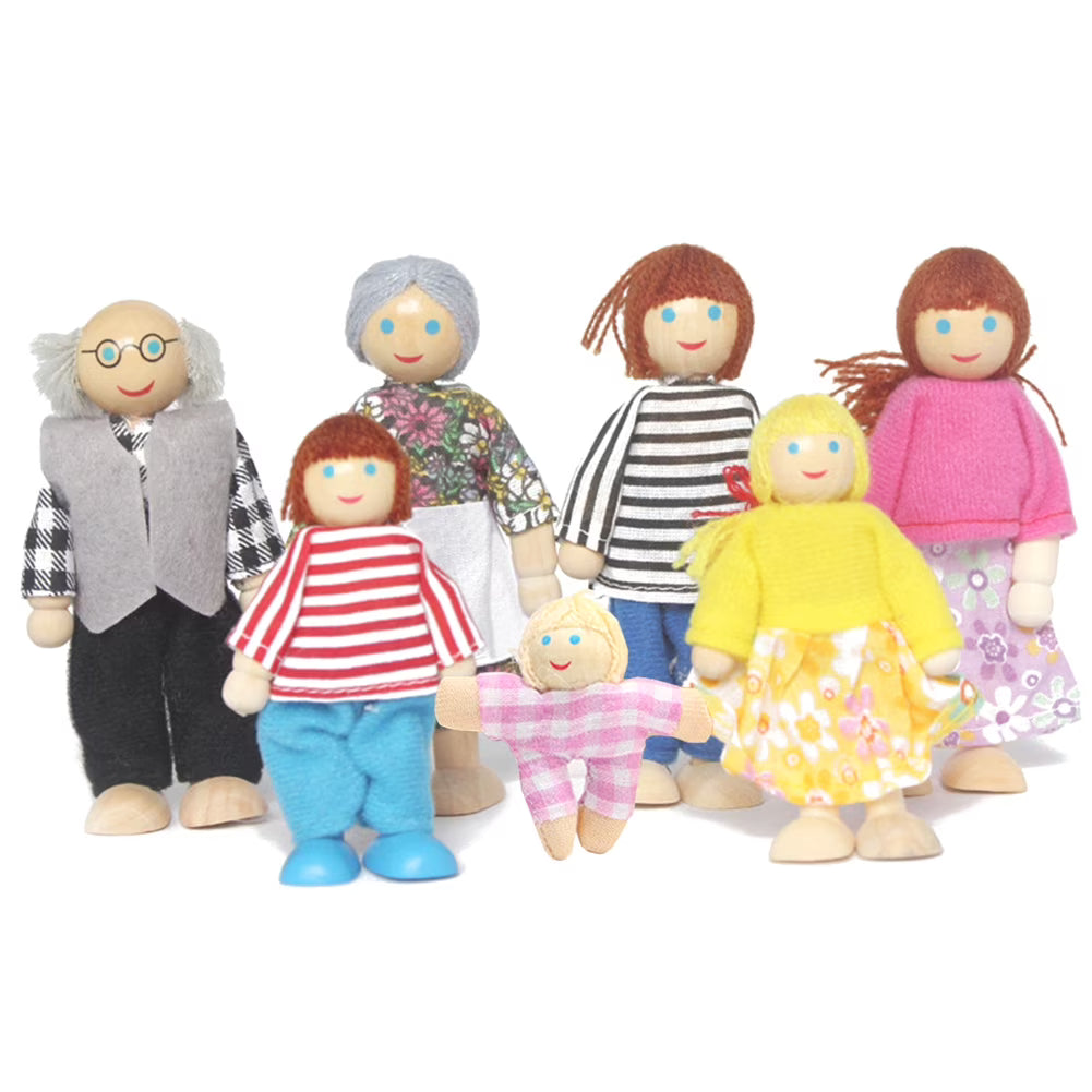 Small Wooden Toys Set Dressed Family Dolls (8) W583