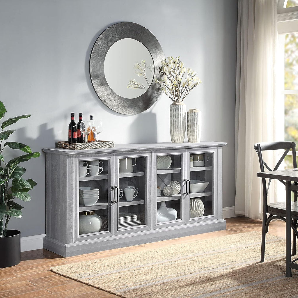 Farmhouse Wood Sideboard Buffet Entertainment Center with Storage Cabinet, Glass Doors, and Adjustable Shelves L146