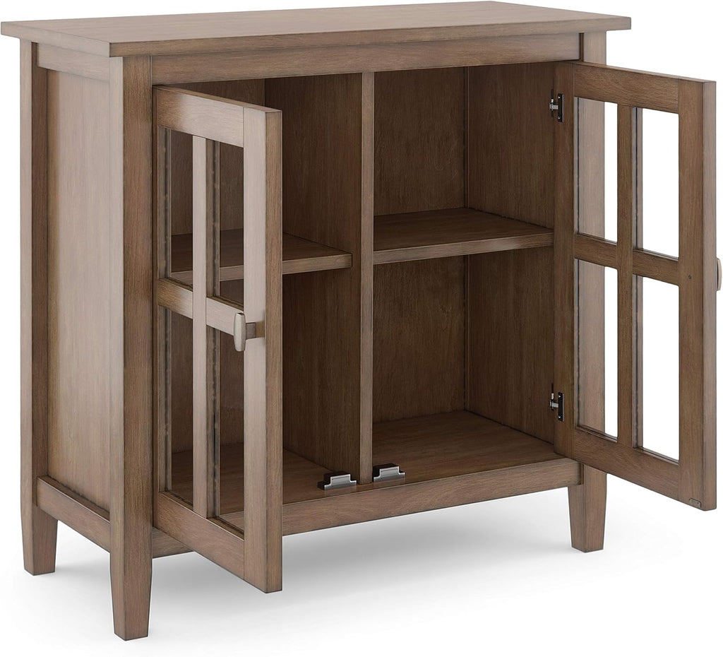 Rustic Natural Aged Brown Solid Wood Low Storage Cabinet with 2 Adjustable Shelves and Tempered Glass Door J854